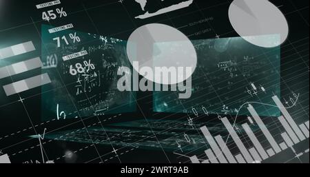 Bild der Datenverarbeitung mit mathematischen Gleichungen auf schwarzem Hintergrund Stockfoto