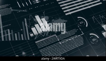 Bild der Infografik-Oberfläche über Diagrammen und Karte vor schwarzem Hintergrund Stockfoto