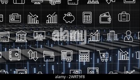 Abbildung eines Netzwerks von digitalen Symbolen über Computerservern Stockfoto