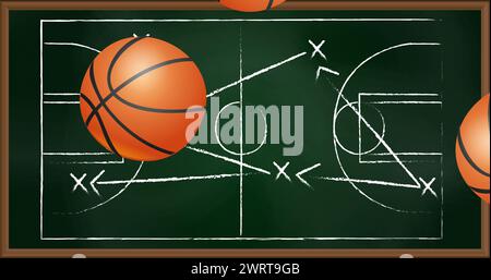 Bild von Basketbällen über Zeichnung des Spielplans Stockfoto