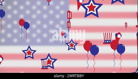 Bild von Sternen, Ballons und Hüten über der Flagge des us-amerikanischen Hintergrunds Stockfoto