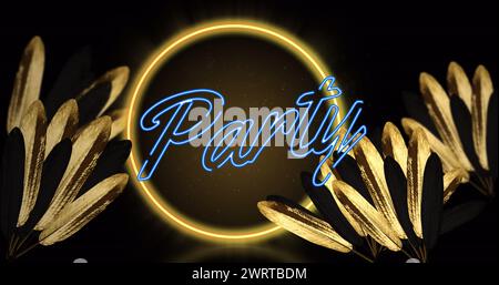 Bild von Partytext und Neonkreis über Blättern auf schwarzem Hintergrund Stockfoto