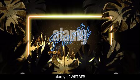 Bild: Partytext und Neonrahmen über Blättern auf schwarzem Hintergrund Stockfoto