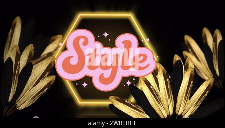 Bild mit Stiltext und Neon-Sechseck über Blättern auf schwarzem Hintergrund Stockfoto