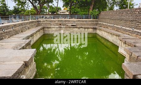 Kleiner Teich im Campus des Thousand Pillar Temple, Warangal, Telangana, Indien. Stockfoto