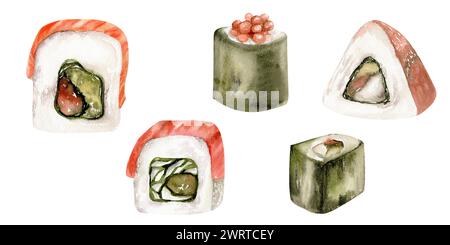 Meeresfrüchte-Set mit japanischem Sushi mit Lachs, Sashimi und Brötchen. Handgezeichnete Meeresfrüchte Illustration, frisches Essen für Restaurant, Café, Menü Stockfoto