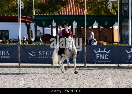 Portugal, Region Alentejo, Golega, Frau, die auf dem weißen Lusitano Pferd reitet und traditionelle Trachten trägt, auf der Golega Pferdemesse - November 2022 Stockfoto