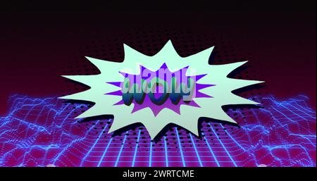 Bild von Wow-Text in Retro-Sprechblase über blau leuchtendem Netz Stockfoto