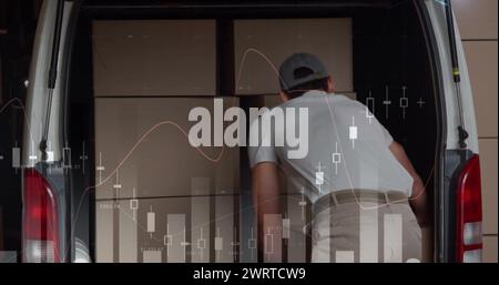 Bild von Statistiken und Verarbeitung von Finanzdaten über Liefermann und Lieferwagen Stockfoto