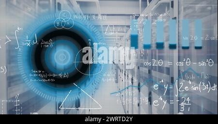 Bild eines runden Scanners, statistische Datenverarbeitung und mathematische Gleichungen über dem Serverraum Stockfoto