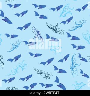 Blaues nahtloses Muster mit Seesternen, Korallen, Perlen und Muscheln. Vektorhintergrund mit Meeresmotiv Stock Vektor