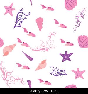 Rosafarbenes, nahtloses Muster mit Seesternen, Korallen, Perlen und Muscheln. Vektorhintergrund mit Meeresmotiv Stock Vektor