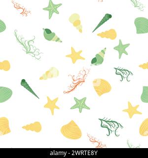 Gelbes nahtloses Muster mit Seesternen, Korallen, Perlen und Muscheln. Vektorhintergrund mit Meeresmotiv Stock Vektor