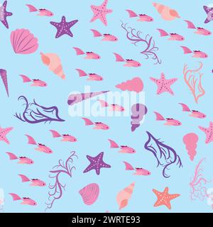 Rosafarbenes, nahtloses Muster mit Seesternen, Korallen, Perlen und Muscheln. Vektorhintergrund mit Meeresmotiv Stock Vektor