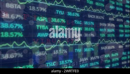 Bild der Börse über ein Netzwerk von Verbindungen mit Symbolen und Datenverarbeitung Stockfoto