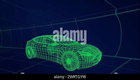 Abbildung einer technischen 3D-Zeichnung eines Autos in Grün, mit beweglichem Raster im Hintergrund 4k Stockfoto