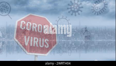 Bild von 19 kovidierten Symbolen, die über dem Corona-Virus-Text auf Stoppschild und Stadtbild schweben Stockfoto