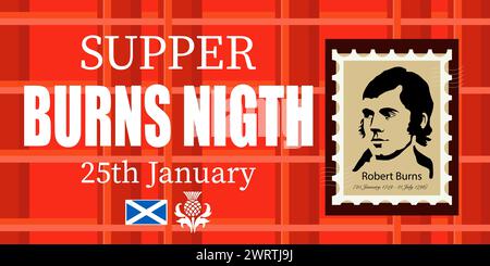 Robert Burns Night, 25. Januar, schottisches Kulturerbe-Festival. Robert Burns – schottischer Dichter, Folklorist, Autor zahlreicher Gedichte und Gedichte. Vektor Stock Vektor