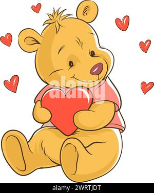 Niedlicher Cartoon-Braunbär mit Herzen. Vektor-Illustration von Tieren auf einem weißen Hintergrund mit vielen rosa Herzen Stock Vektor