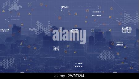 Bild von Ikonen und Likes über der Stadtlandschaft Stockfoto