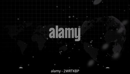 Abbildung von Diagrammen, Daten und Globus auf schwarzem Hintergrund Stockfoto