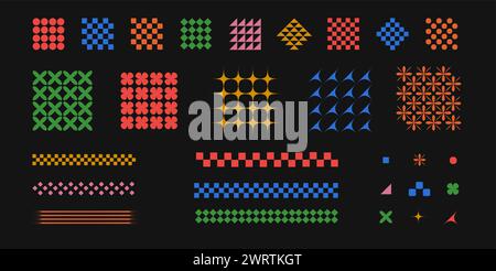 Vektorabbildung. Set aus Ornamenten, Geometrie stellt verschiedene Farben in gezeichnetem Cartoon-Stil vor schwarzem Hintergrund dar. Symbole und Grafiken Stock Vektor