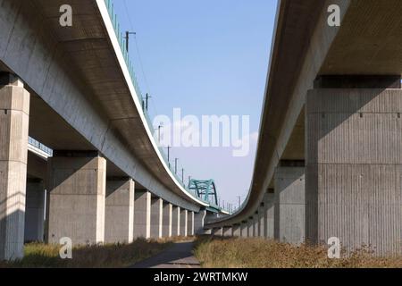 Blick von unten auf das rund sechs Kilometer lange Saale-Elster-Viadukt bei Halle, der längsten Eisenbahnbrücke Deutschlands, 22/09/2016 Stockfoto