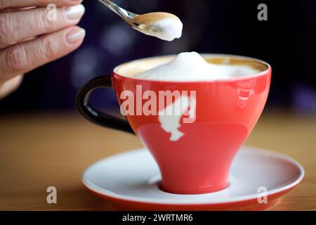 Tasse Cappuccino, Kaffeegetränk, aufgeschäumte Milch, Sahne, Kaffeelöffel Stockfoto