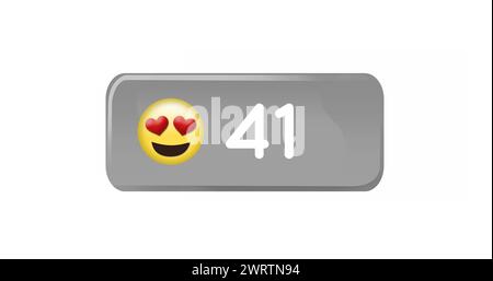 Digitales Bild von steigenden Zahlen und Herzaugen-Emoji in einem grauen Kästchen auf weißem Hintergrund 4K Stockfoto