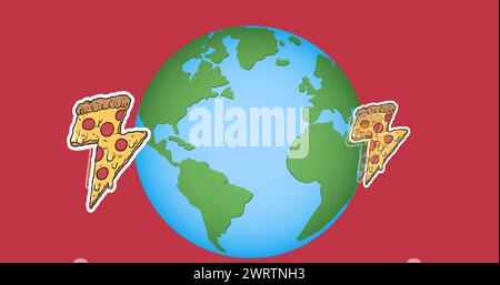Bild von Pizzakonsolen über dem Globus auf rotem Hintergrund Stockfoto