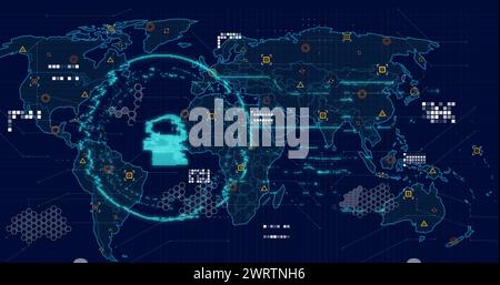 Bild von Online-Sicherheits-Vorhängeschloss, Markierungen und Datenverarbeitung auf Weltkarte Stockfoto