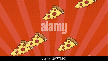 Bild von Pizzabilkonen über Streifen auf rotem Hintergrund Stockfoto