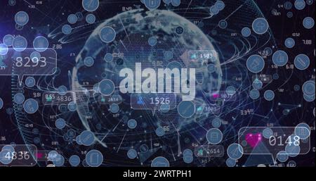 Abbildung der Datenverarbeitung und des Netzwerks von Verbindungen mit Symbolen auf schwarzem Hintergrund Stockfoto