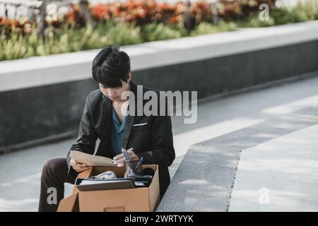 Mitarbeiter, die aus dem Unternehmen entlassen wurden oder aus dem Unternehmen entlassen wurden, schreiben ein Bewerbungsformular. Arbeitslos, Einstellung, Kündigung des Arbeitsplatzes Konzept. Stockfoto