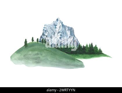 Aquarellkomposition aus Hügeln, Bäumen und einem Berg in einer natürlichen Landschaft Stockfoto