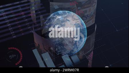 Bild der Kugel, die sich über Diagramme und Daten auf Bildschirmen dreht Stockfoto