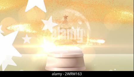 Bild von Lichtflecken und Sternen über der Schneekugel mit weihnachtsbaum Stockfoto