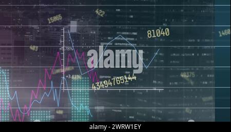 Abbildung mehrerer Diagramme und wechselnder Zahlen über beleuchteten Gebäuden im Hintergrund Stockfoto