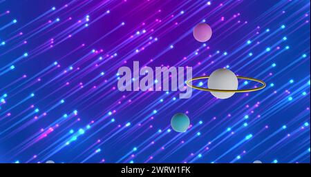 Bild von mehrfarbigen 3D-Kugeln über Lichtspuren auf blauem Hintergrund Stockfoto