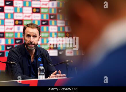 England-Manager Gareth Southgate während einer Ansage im Wembley Stadium, London. Bilddatum: Donnerstag, 14. März 2024. Stockfoto