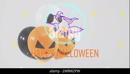 Bild von Happy halloween Text über Neonhexe und orange und schwarze Ballons Stockfoto