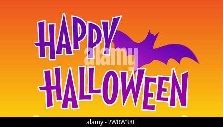 Bild von Happy halloween Text über Fledermaus auf orangem Hintergrund Stockfoto