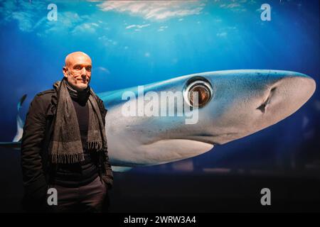 Oberhausen, Deutschland. März 2024. Ko-Kurator der Ausstellung und Kurator von „The Wave“, Nils Sparwasser, mit einem der Exponate, „Blickkontakt“ von Tobias Friedrich, dem Bild eines Blauhais (Carcharhinus glaucus) auf den Ausstellungsplakaten. „Planet Ozean“ (Planet Ozean) wird vom 15. März bis Ende Dezember 2024 in diesem beliebten Ausstellungsort gezeigt. Die Ausstellung veranschaulicht die Schönheit der Ozeanwelt sowie ihre ökologischen Herausforderungen. Es umfasst rund 160 großformatige Fotos, Videos, Sound sowie weitere Exponate aus dem Ozean und der Natur Stockfoto