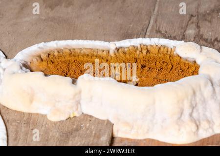 Pilzbefall von Holzelementen in Strukturen, Nahaufnahme Stockfoto