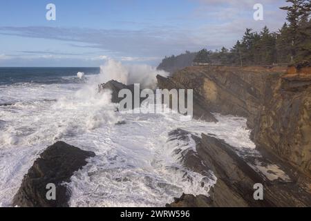 Shore Acres ist ein sehr beliebter Ort, um zu beobachten, wie riesige Wellen gegen die felsige Küste krachen. Stockfoto