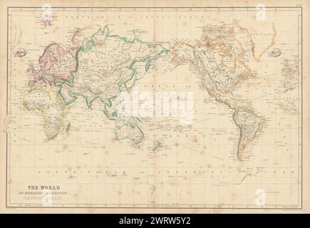 The World on Mercator's Projection von John Bartholomew 1860 alte antike Karte Stockfoto