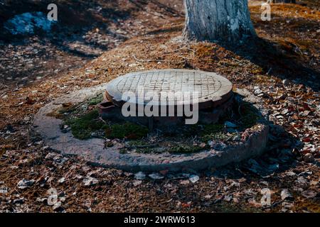 Altes Kanalisationsloch mit rostiger Decke im Wald Stockfoto