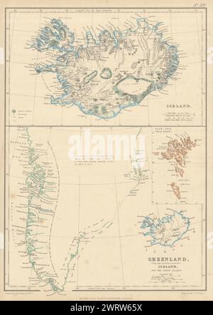 Island mit Gletschern. Grönland mit dänischen Kolonien. Färöer. Karte LOWRY 1860 Stockfoto