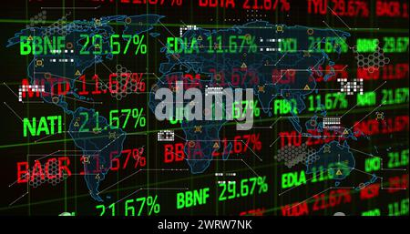 Bild der Verarbeitung von Finanzdaten und Weltkarte auf schwarzem Hintergrund Stockfoto
