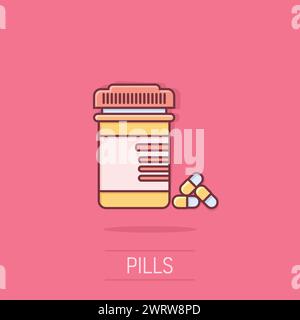 Das Symbol der Pille-Flasche im Comic-Stil. Medizinische Kapseln Karikaturvektorillustration auf isoliertem Hintergrund. Arzneimittelzeichen-Business-Konzept-Splash-Effekt. Stock Vektor